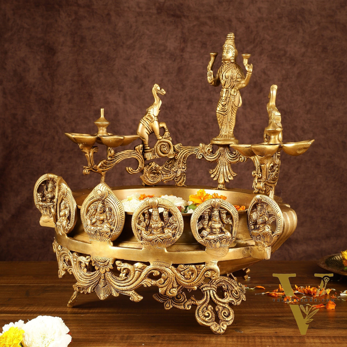 Handcrafted Ashtalakshmi Brass Urli with Diyas | Height: 16 Inch