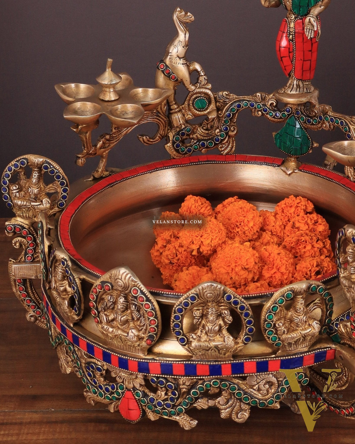 Handcrafted Ashtalakshmi Brass Urli with Diyas | Height: 16 Inch with stonework