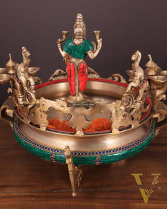 Handcrafted Ashtalakshmi Brass Urli with Diyas | Height: 16 Inch with stonework