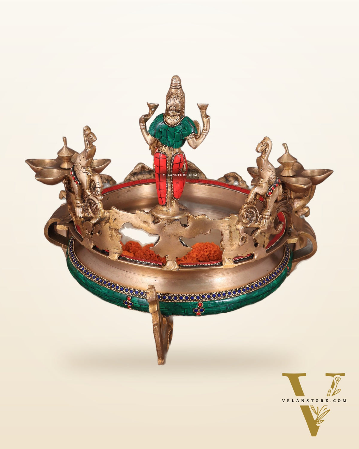 Handcrafted Ashtalakshmi Brass Urli with Diyas | Height: 16 Inch with stonework