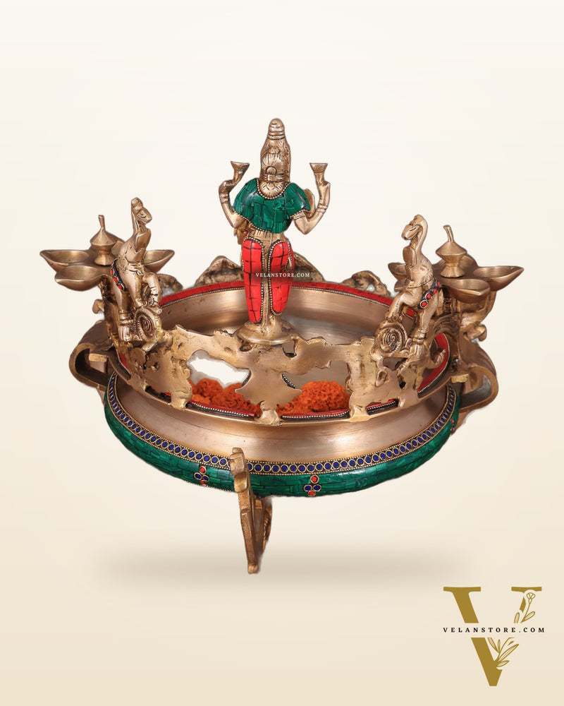 Handcrafted Ashtalakshmi Brass Urli with Diyas | Height: 16 Inch with stonework