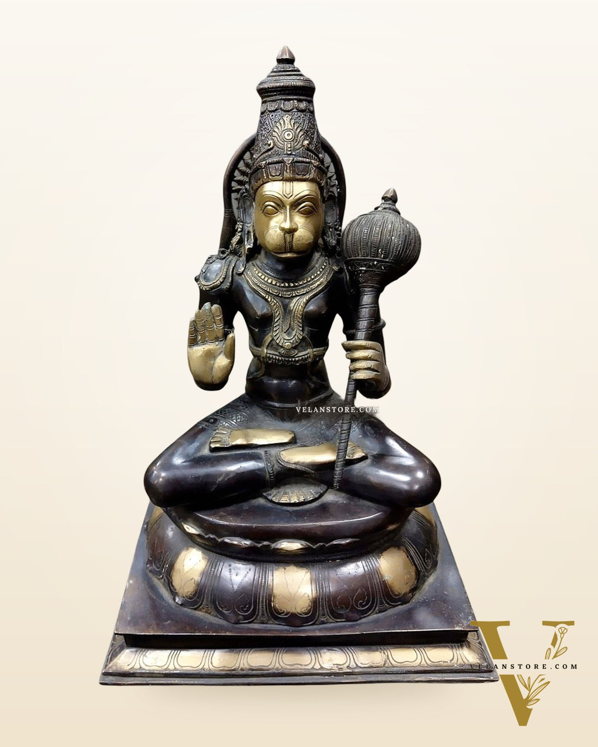 Handcrafted Brass Blessing Hanuman Sculpture - 18" Height, Antique Black Tone