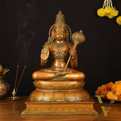 Handcrafted Brass Blessing Hanuman Sculpture - 18" Height, Antique Bronze Tone