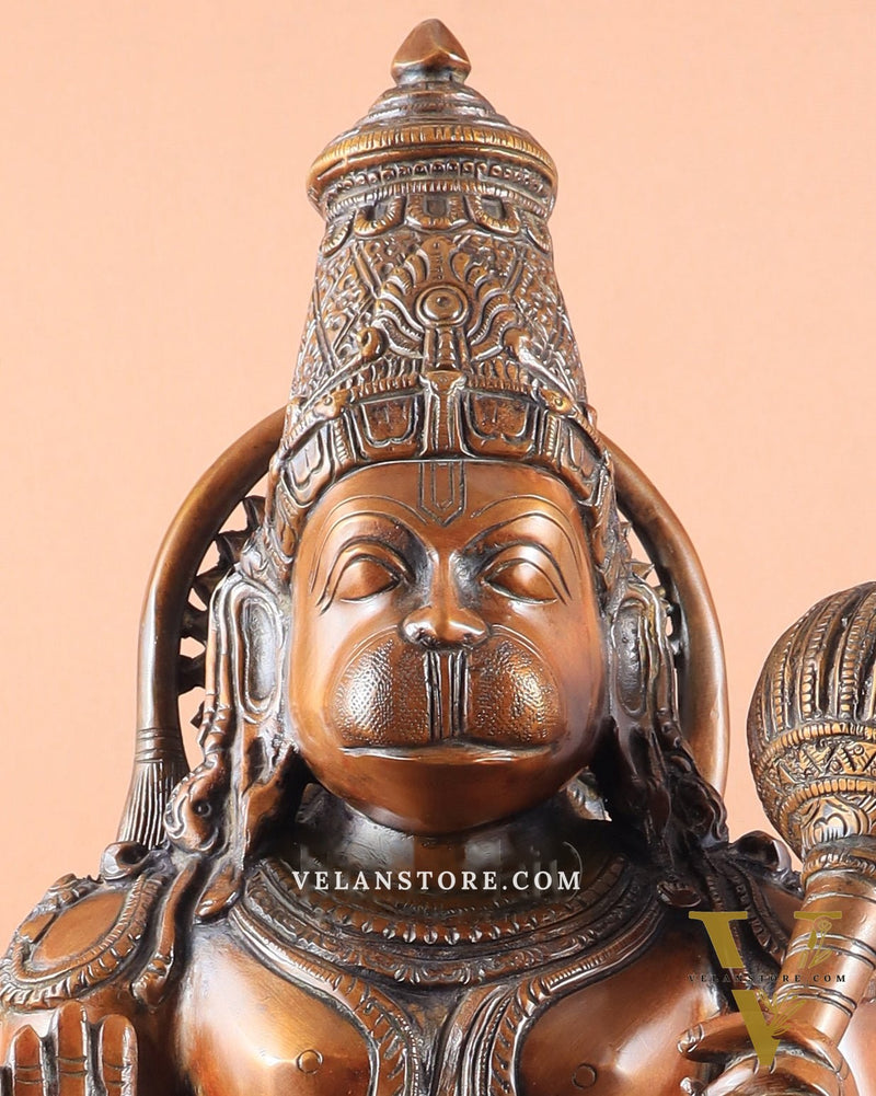 Handcrafted Brass Blessing Hanuman Sculpture - 18" Height, Antique Copper tone