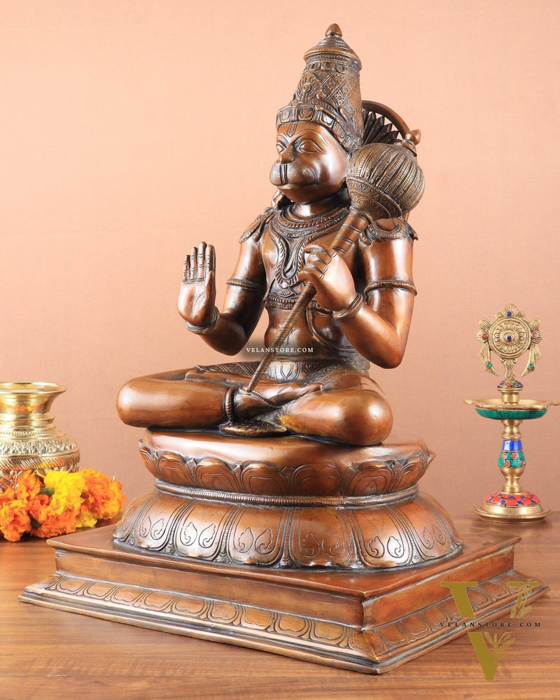 Handcrafted Brass Blessing Hanuman Sculpture - 18" Height, Antique Copper tone