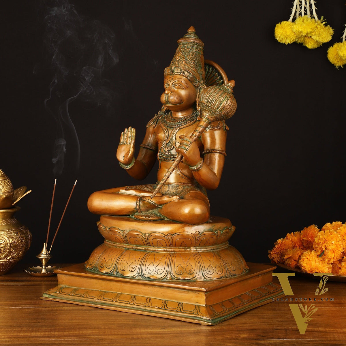 Handcrafted Brass Blessing Hanuman Sculpture - 18" Height, Antique Bronze Tone