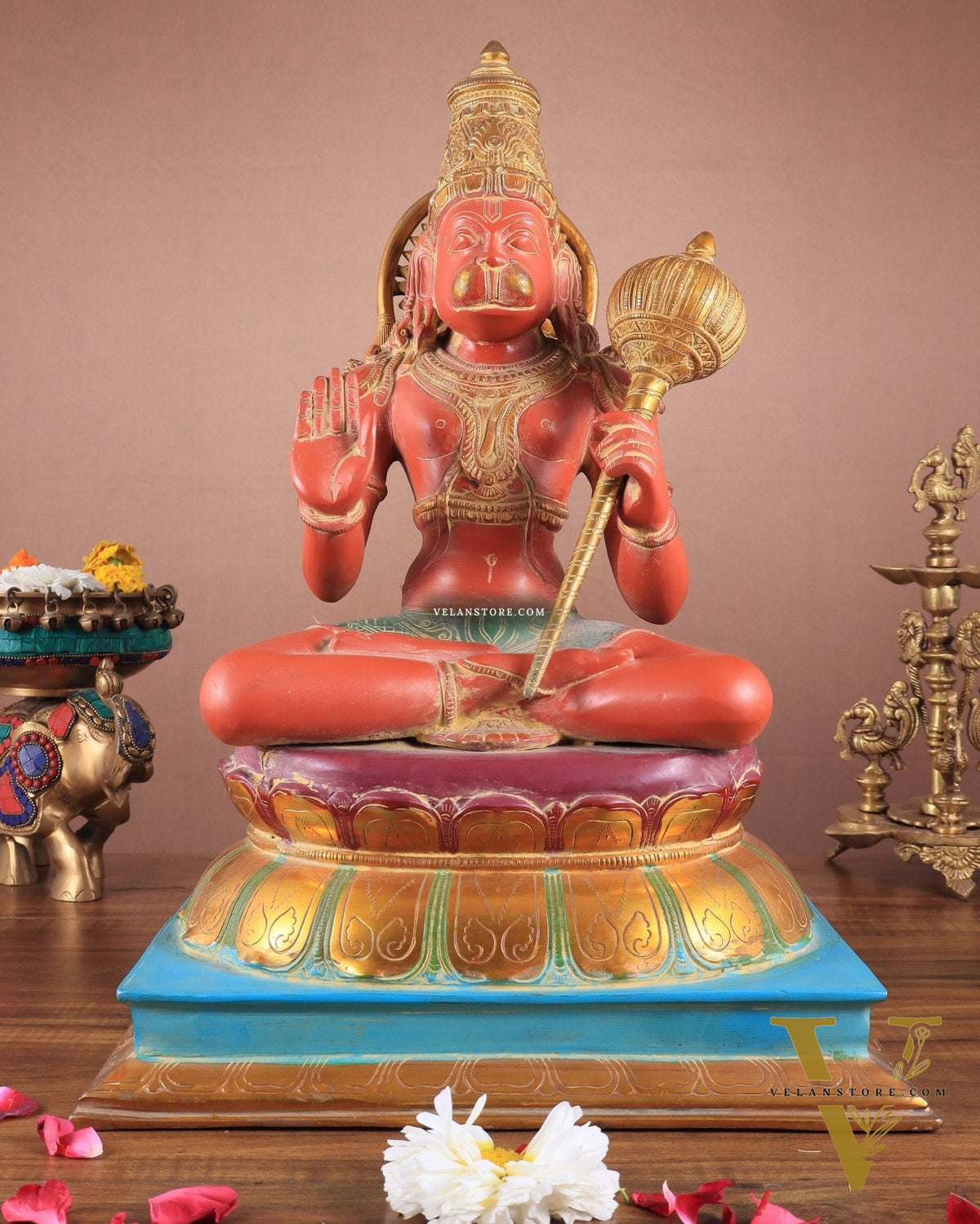 Handcrafted Brass Blessing Hanuman Sculpture - 18" Height, Sindoor red tone