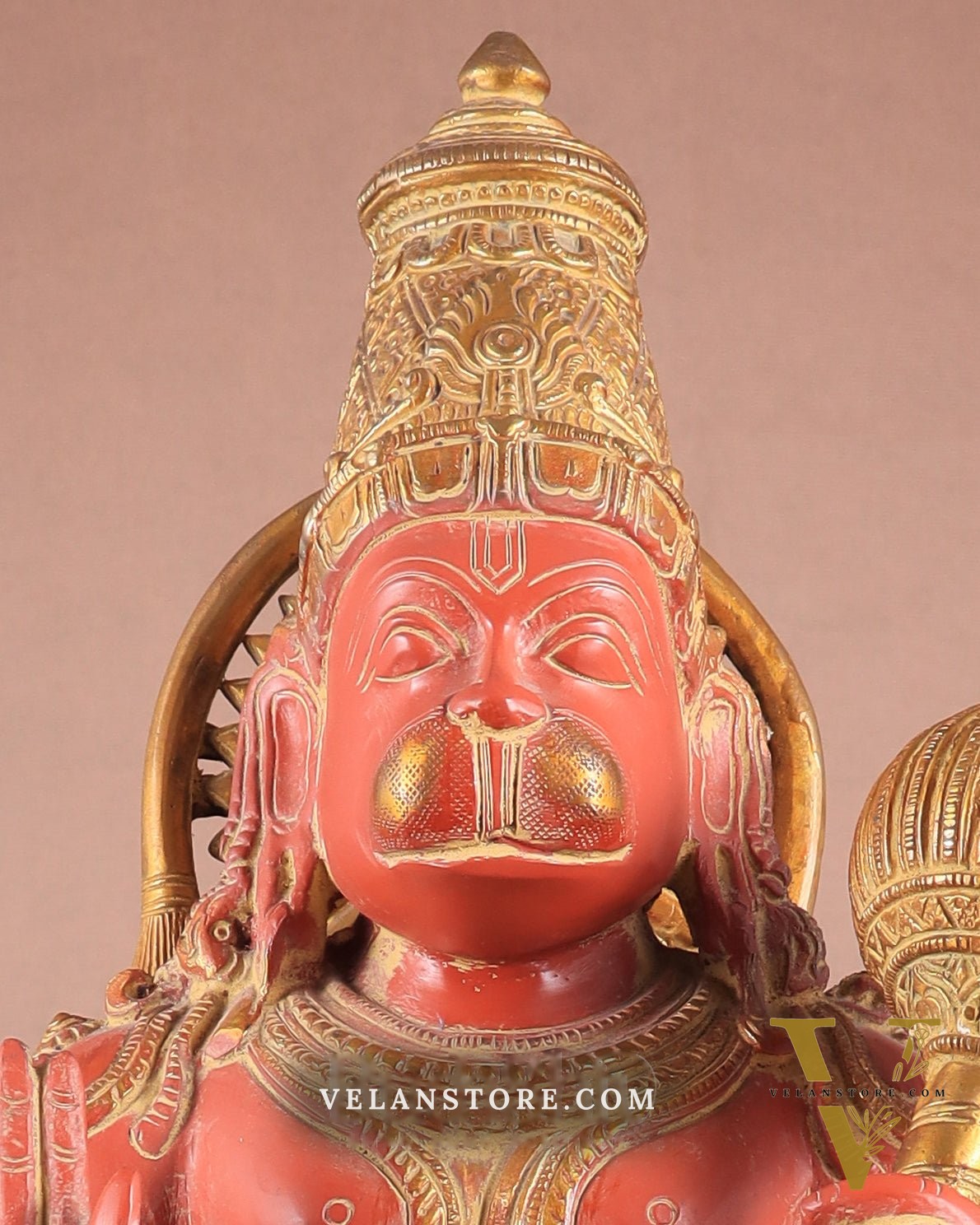 Handcrafted Brass Blessing Hanuman Sculpture - 18" Height, Sindoor red tone