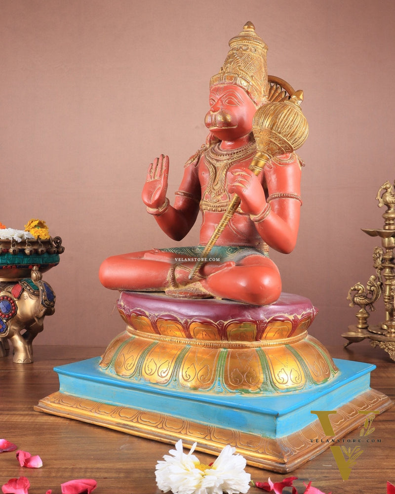 Handcrafted Brass Blessing Hanuman Sculpture - 18" Height, Sindoor red tone