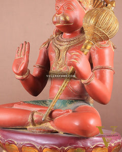 Handcrafted Brass Blessing Hanuman Sculpture - 18" Height, Sindoor red tone