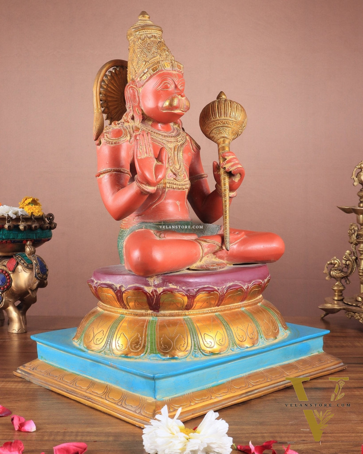 Handcrafted Brass Blessing Hanuman Sculpture - 18" Height, Sindoor red tone