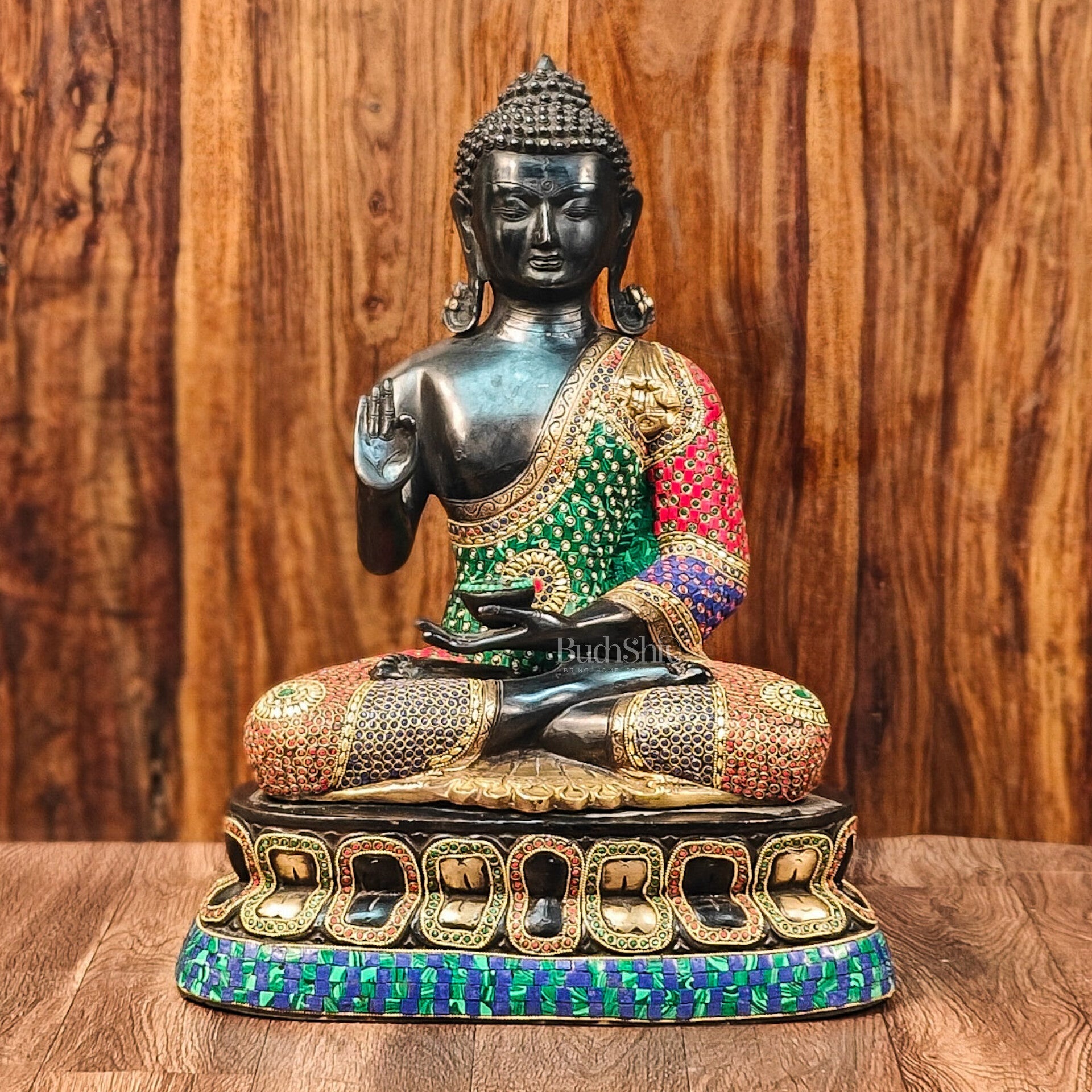 Handcrafted Brass Buddha Statue - Abhaya Aashirwad Mudra - Black and Golden Finish - 24 inches