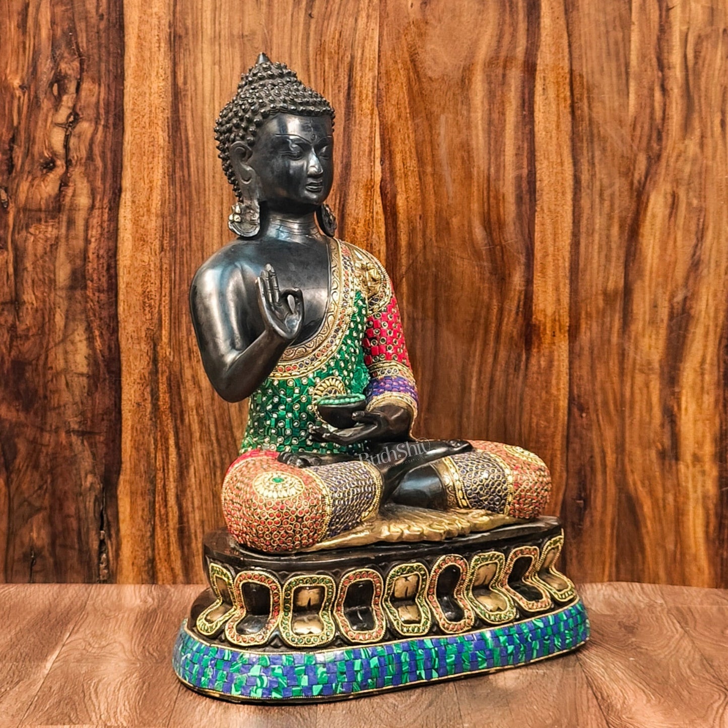 Handcrafted Brass Buddha Statue - Abhaya Aashirwad Mudra - Black and Golden Finish - 24 inches