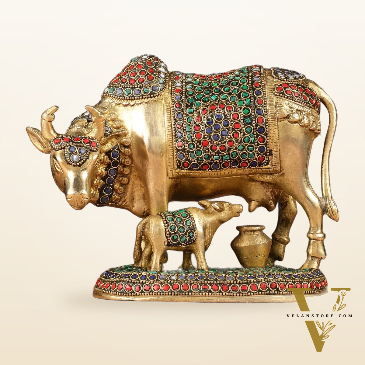 Handcrafted Brass Cow and Calf Statue | 8.5"