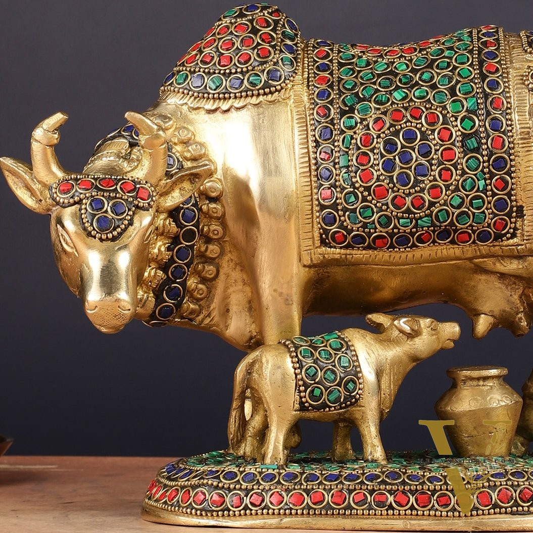 Handcrafted Brass Cow and Calf Statue | 8.5"