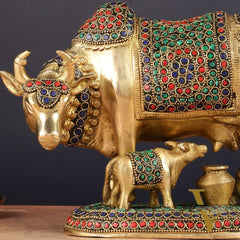 Handcrafted Brass Cow and Calf Statue | 8.5"