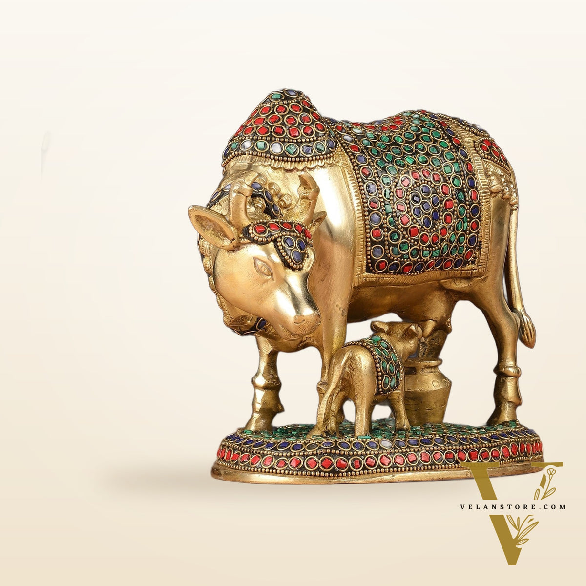 Handcrafted Brass Cow and Calf Statue | 8.5"