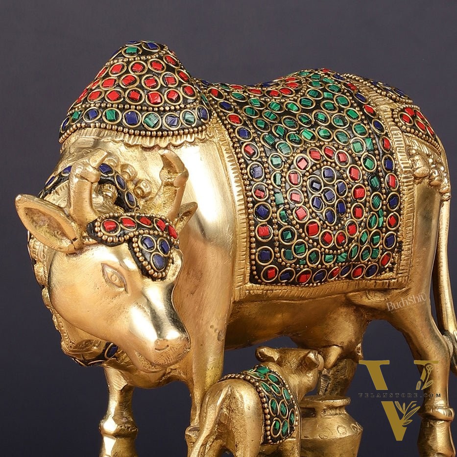 Handcrafted Brass Cow and Calf Statue | 8.5"