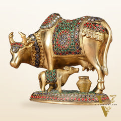Handcrafted Brass Cow and Calf Statue | 8.5"