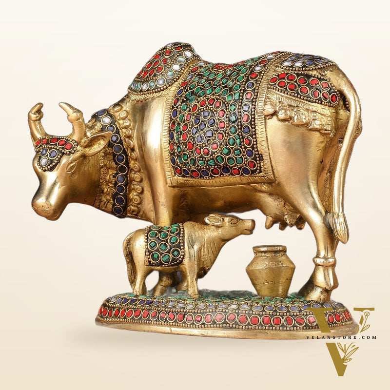Handcrafted Brass Cow and Calf Statue | 8.5"