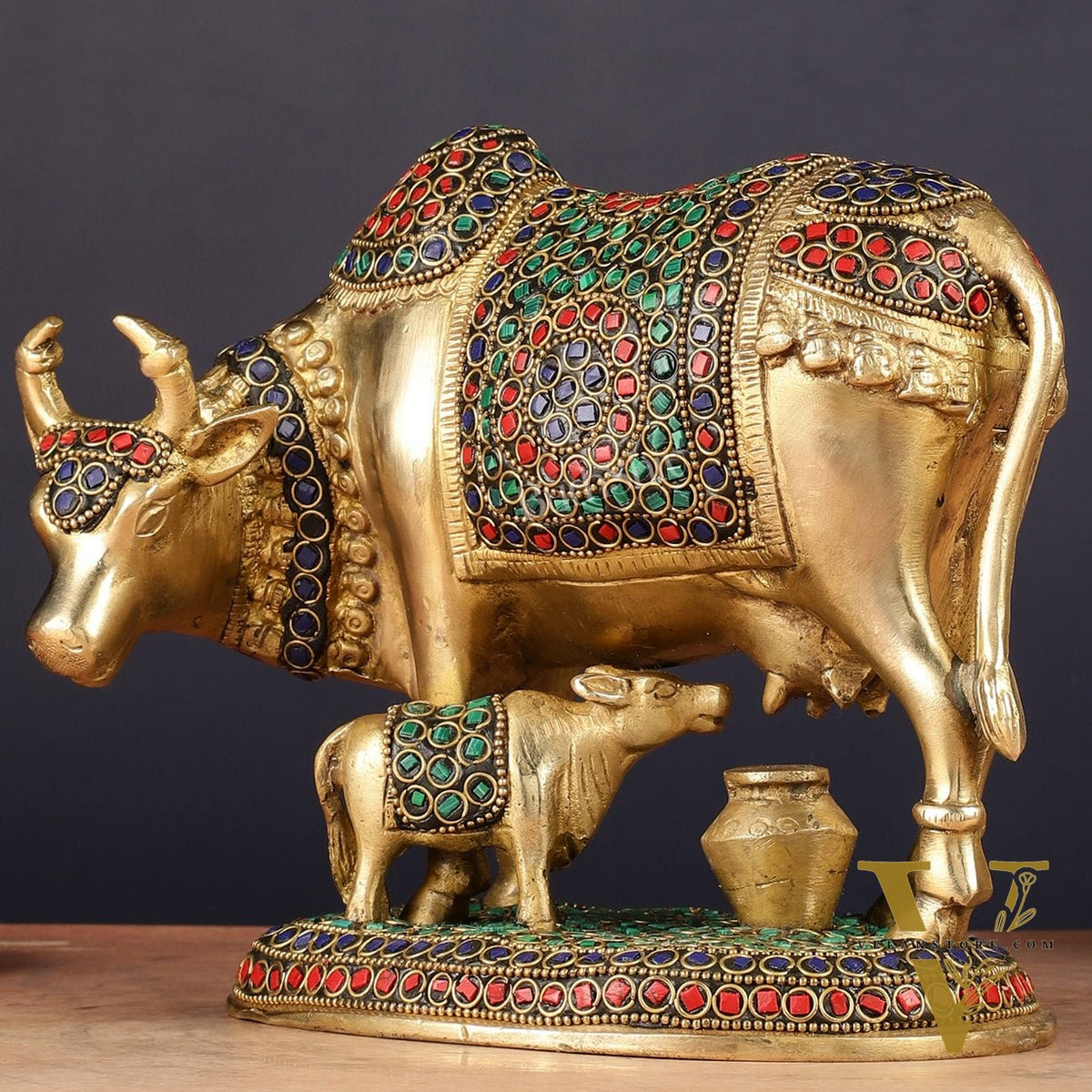 Handcrafted Brass Cow and Calf Statue | 8.5"