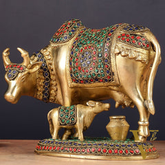 Handcrafted Brass Cow and Calf Statue | 8.5"