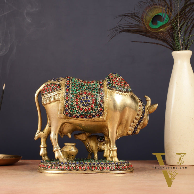 Handcrafted Brass Cow and Calf Statue | 8.5"
