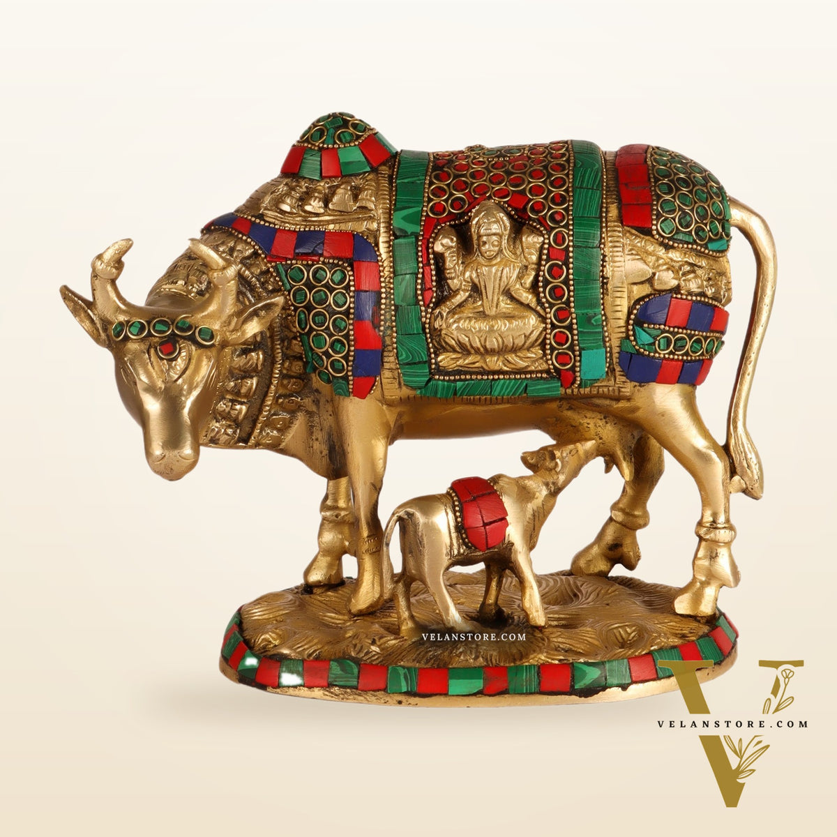 Handcrafted Brass Cow and Calf Statue | Ganesha and Lakshmi Carvings  8.5"