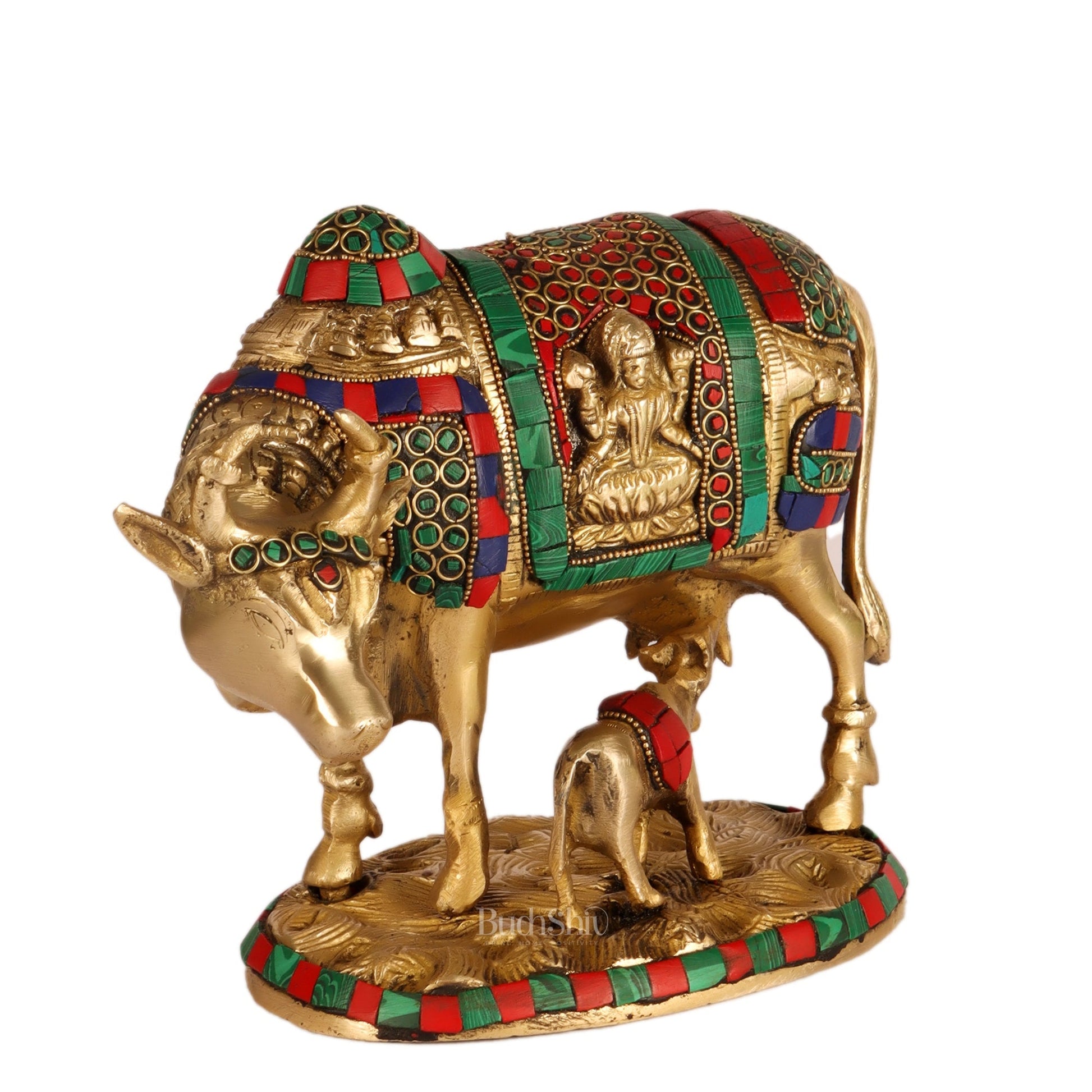 Handcrafted Brass Cow and Calf Statue | Ganesha and Lakshmi Carvings  8.5"