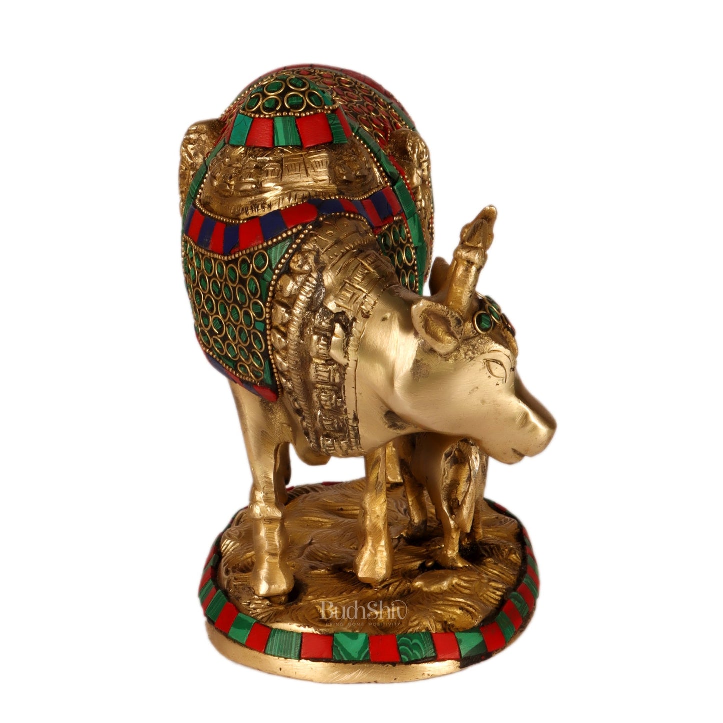 Handcrafted Brass Cow and Calf Statue | Ganesha and Lakshmi Carvings  8.5"
