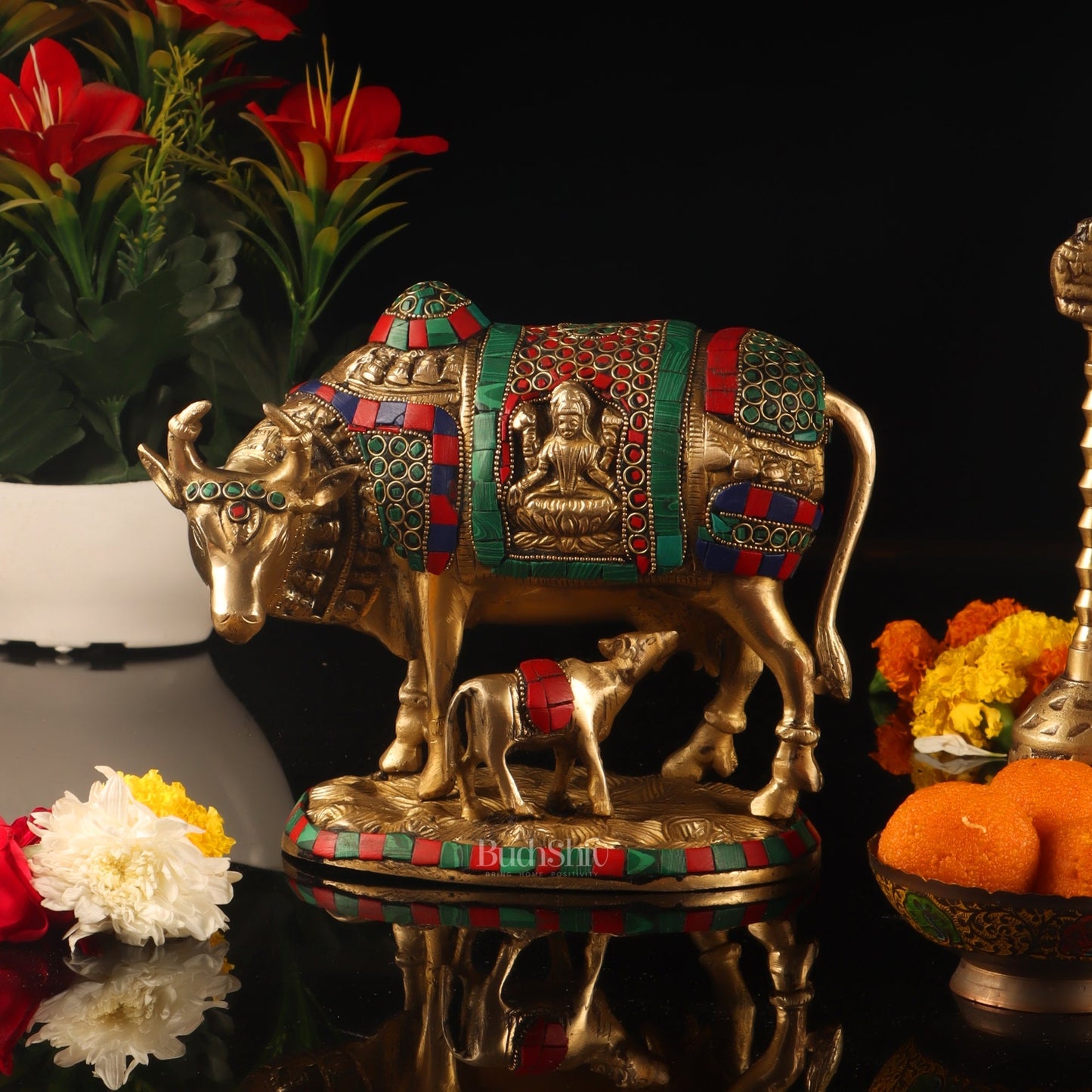 Handcrafted Brass Cow and Calf Statue | Ganesha and Lakshmi Carvings  8.5"