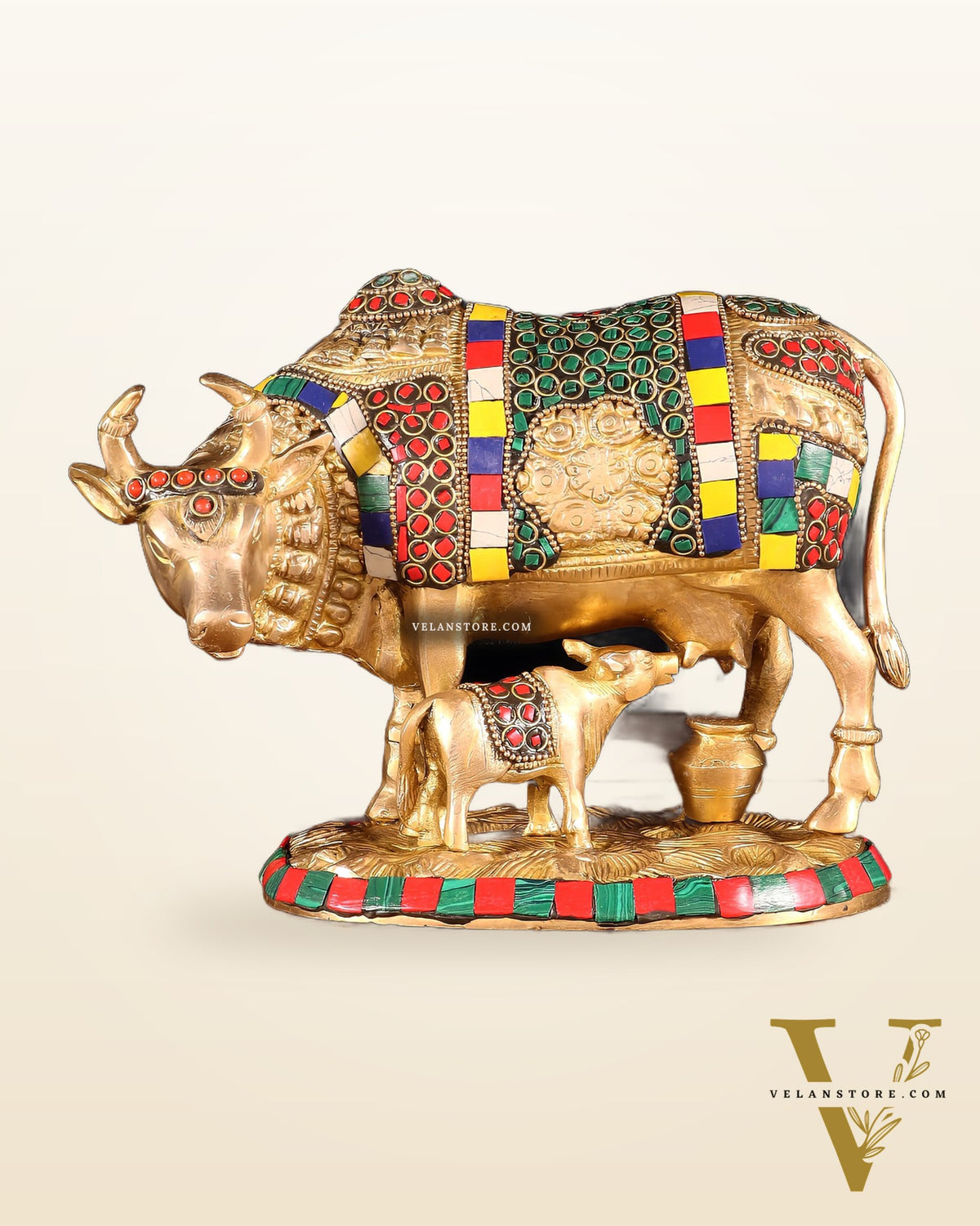 Handcrafted Brass Cow and Calf Statue with Carvings  8.5"