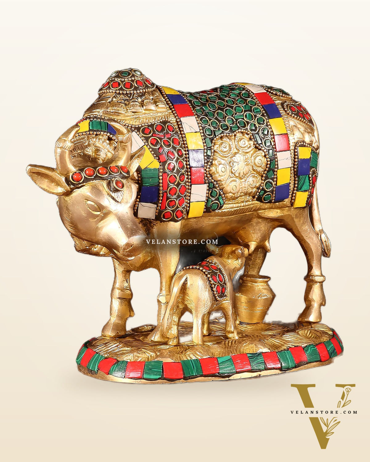 Handcrafted Brass Cow and Calf Statue with Carvings  8.5"
