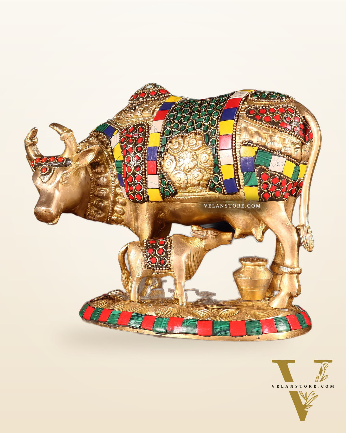 Handcrafted Brass Cow and Calf Statue with Carvings  8.5"