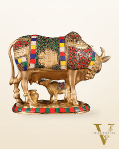 Handcrafted Brass Cow and Calf Statue with Carvings  8.5"