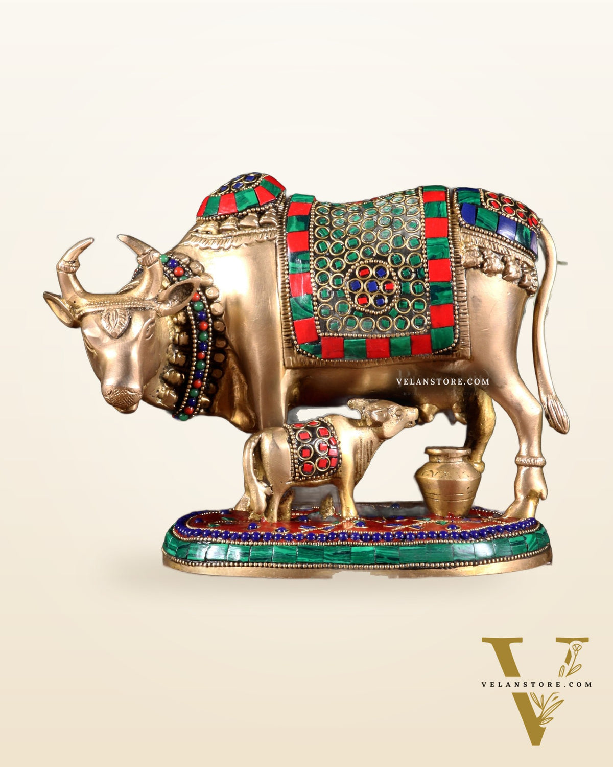 Handcrafted Brass Cow and Calf Statue with stonework  8.5"