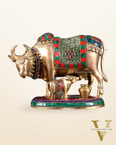 Handcrafted Brass Cow and Calf Statue with stonework  8.5"