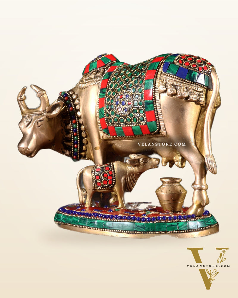 Handcrafted Brass Cow and Calf Statue with stonework  8.5"