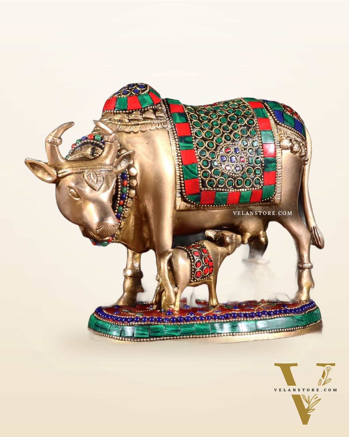 Handcrafted Brass Cow and Calf Statue with stonework  8.5"