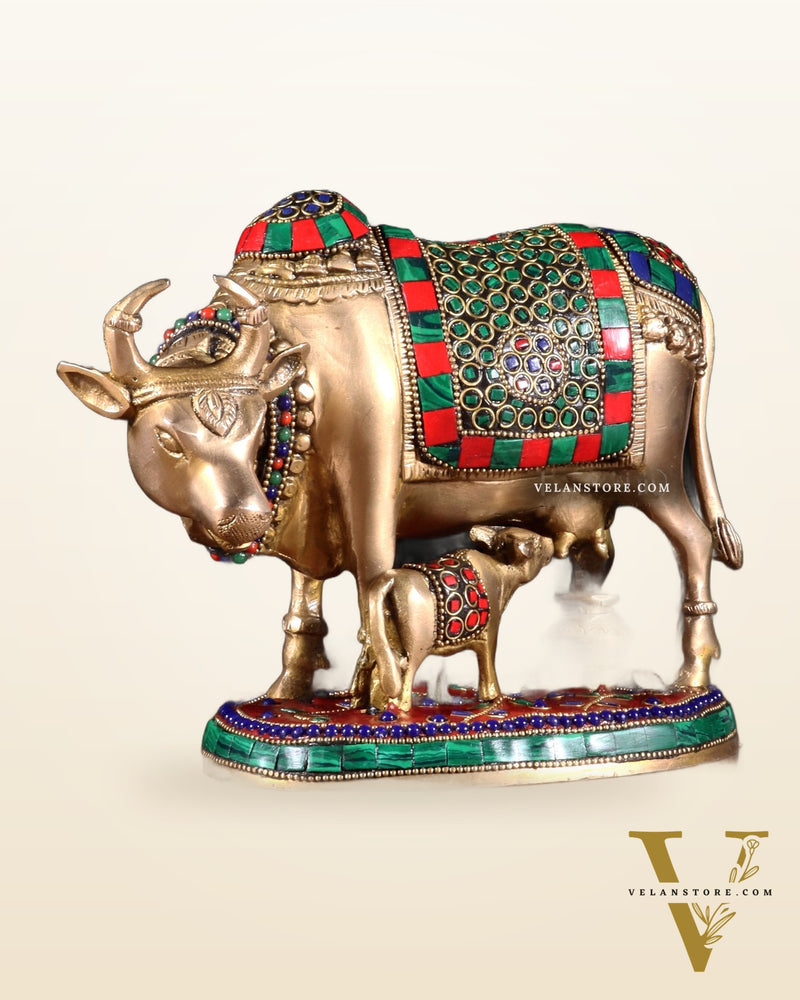 Handcrafted Brass Cow and Calf Statue with stonework  8.5"
