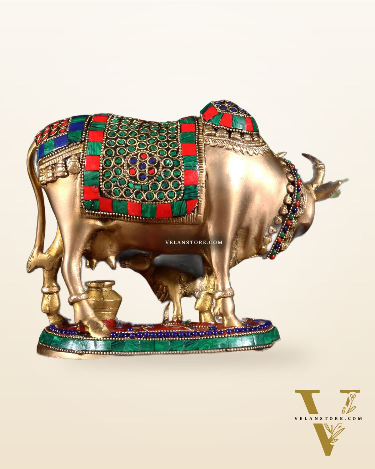 Handcrafted Brass Cow and Calf Statue with stonework  8.5"