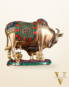Handcrafted Brass Cow and Calf Statue with stonework  8.5"