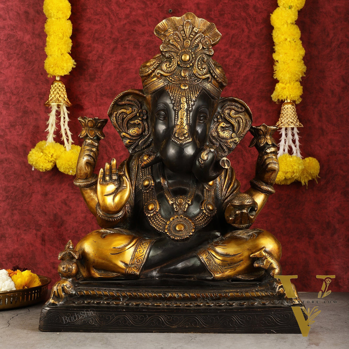 Handcrafted Brass Dagduseth Ganapati Statue - 20 inch black tone