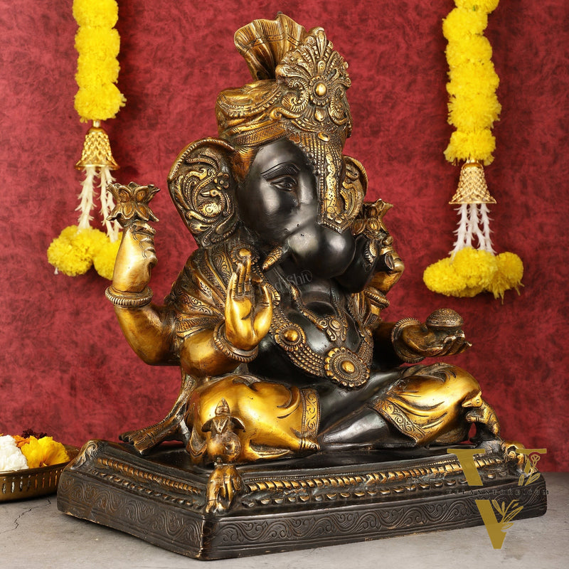 Handcrafted Brass Dagduseth Ganapati Statue - 20 inch black tone
