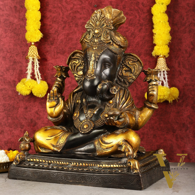 Handcrafted Brass Dagduseth Ganapati Statue - 20 inch black tone