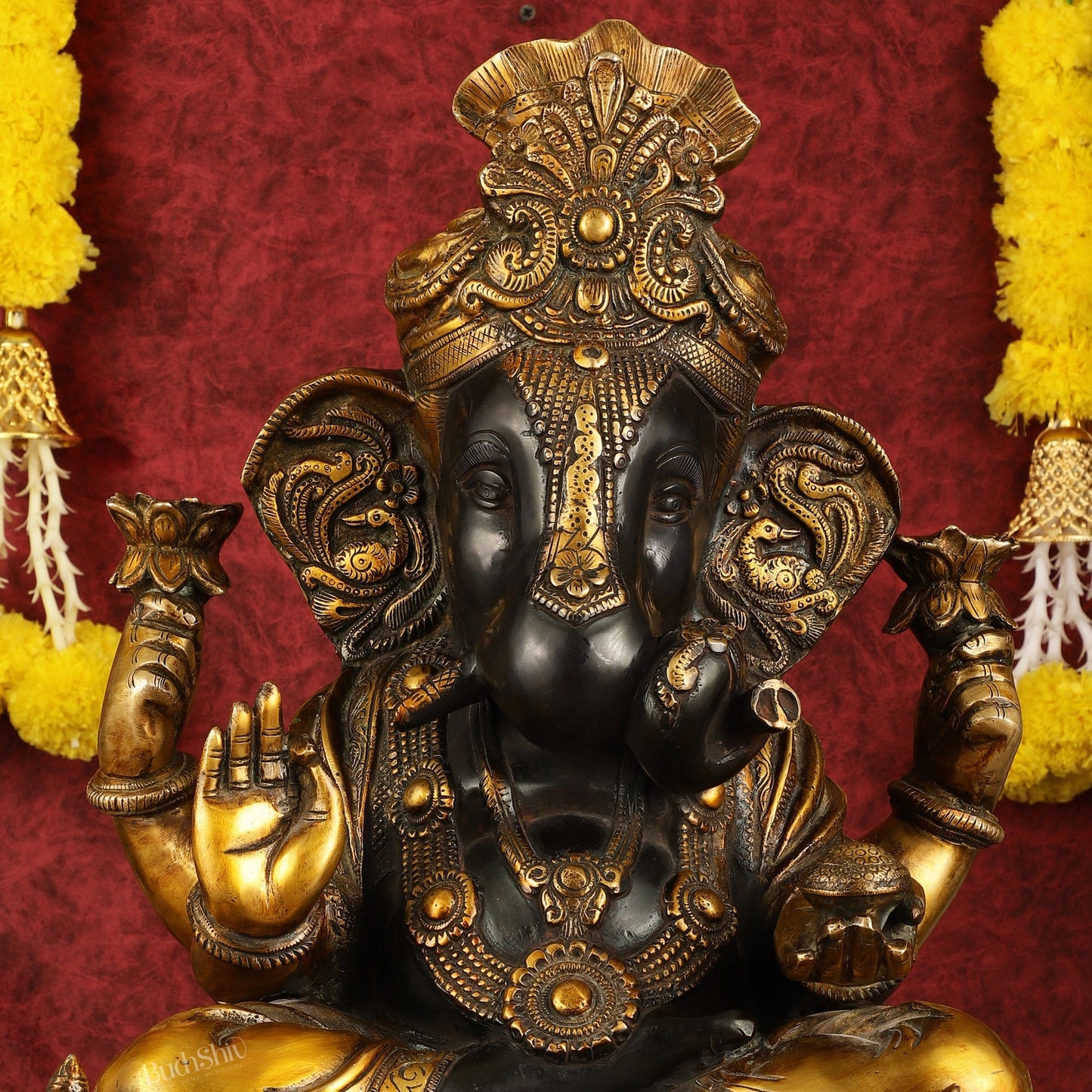 Handcrafted Brass Dagduseth Ganapati Statue - 20 inch black tone