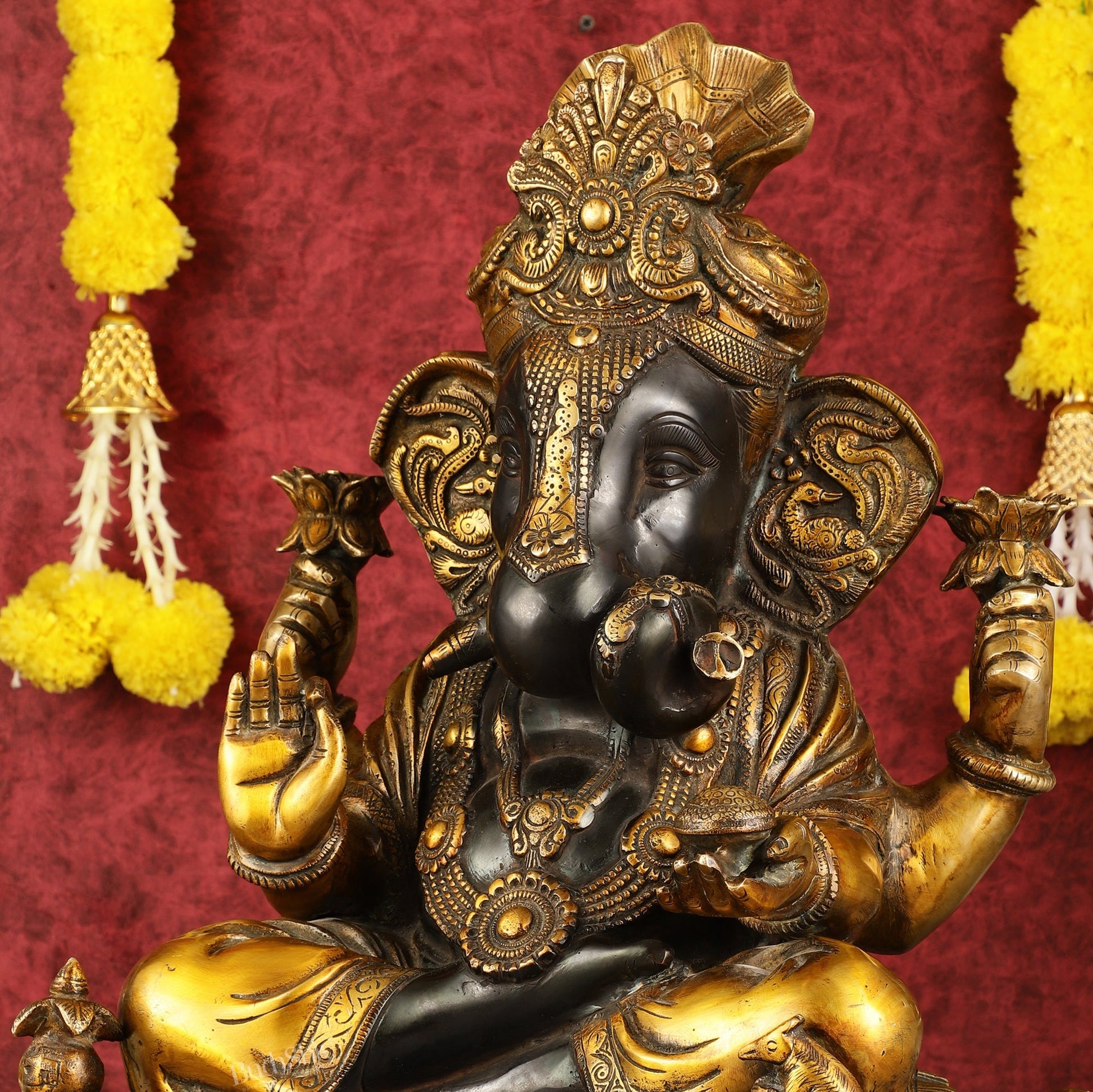 Handcrafted Brass Dagduseth Ganapati Statue - 20 inch black tone