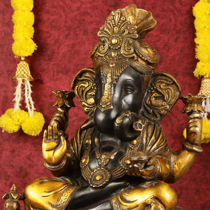 Handcrafted Brass Dagduseth Ganapati Statue - 20 inch black tone