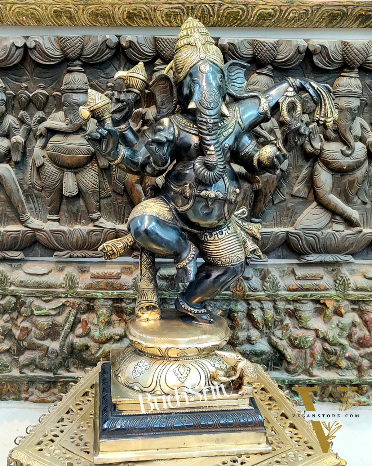 Handcrafted Brass Dancing Ganesha Statue - Large Size - Black and Gold Finish - 25 inches