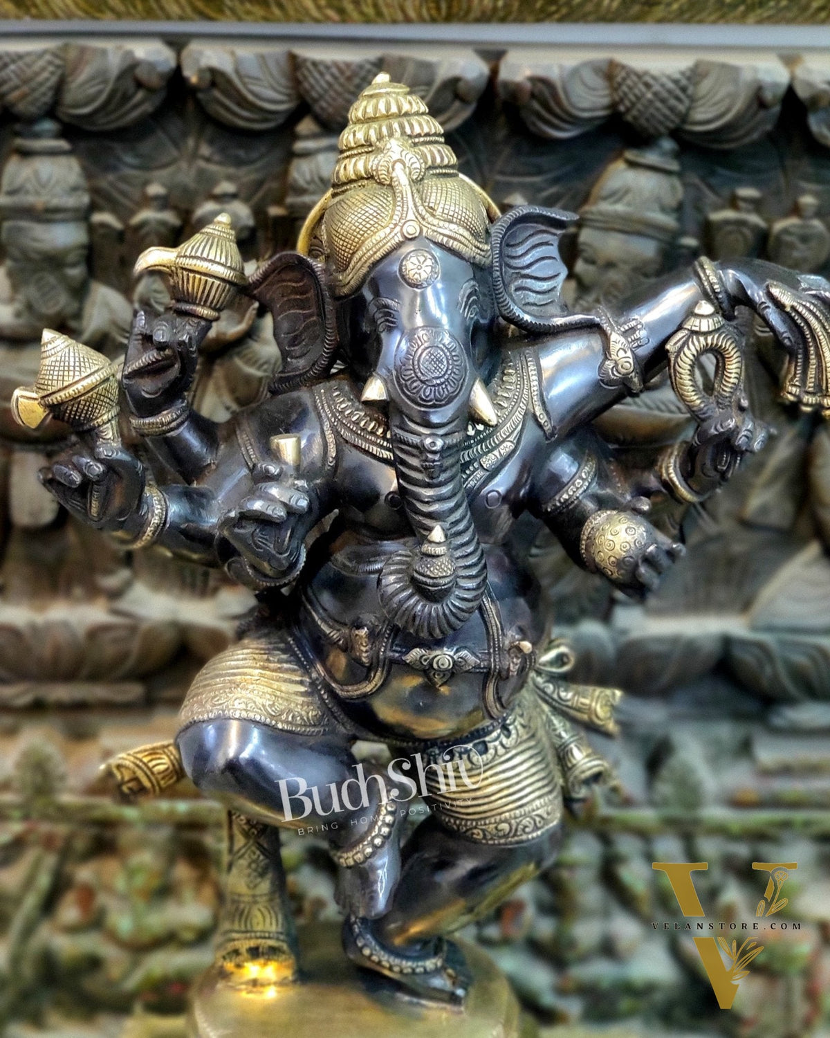 Handcrafted Brass Dancing Ganesha Statue - Large Size - Black and Gold Finish - 25 inches